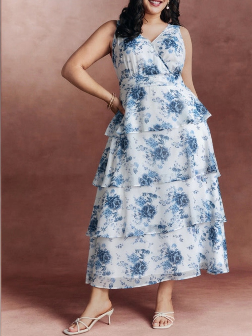 V-Neck Tiered Floral Maxi Dress in White and Blue